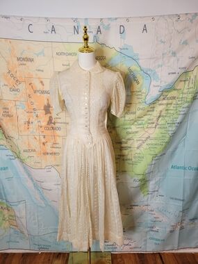 Vintage Cream Eyelet Button-Front Midi Dress